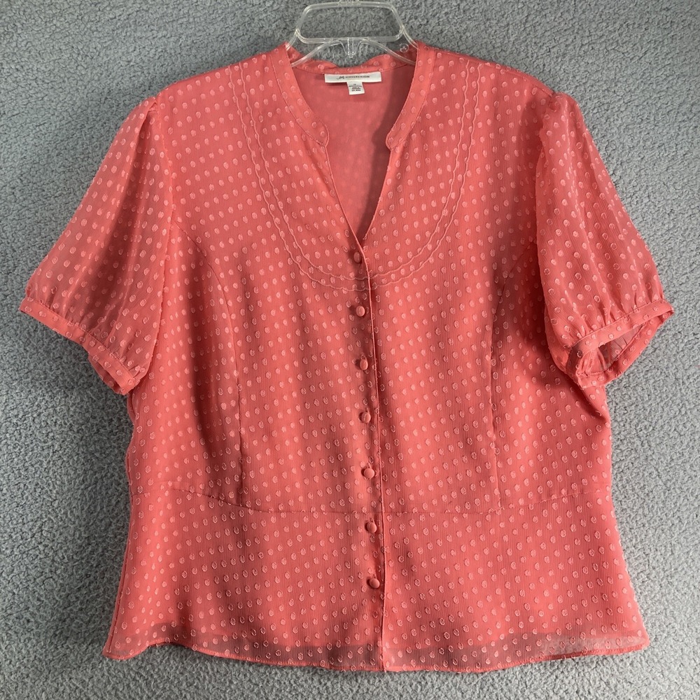 JM Collection Blouse Women 14 Coral Pink Clip Dot Scalloped Button Front Chiffon